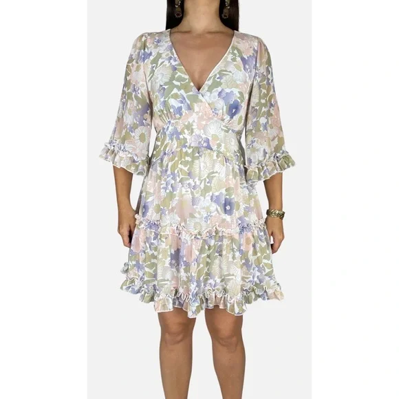 DOTTI Pastel Floral Print Bell Sleeve Backless Ruffle Trim Mini Dress Size AU 12 - Picture 2 of 10